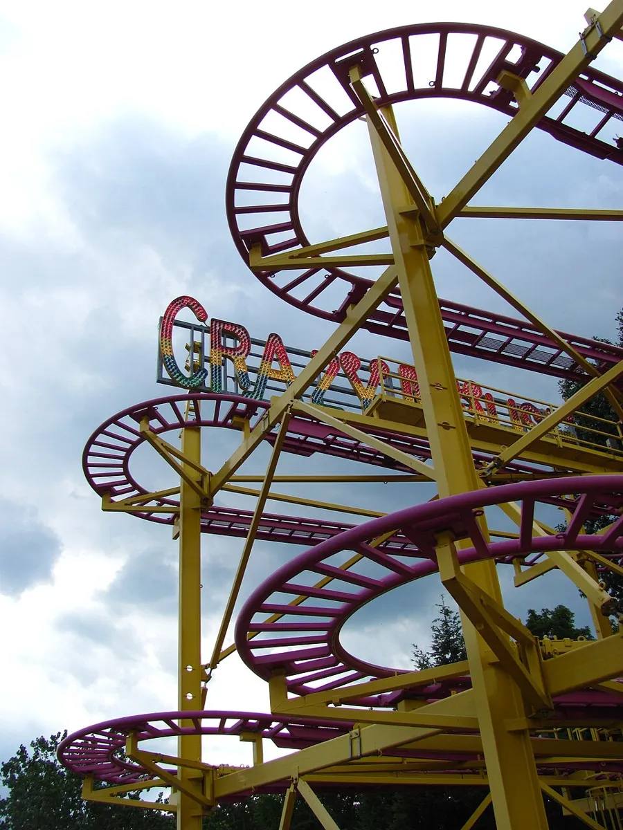 Looping purple track of the Back Spin spinning coaster — roller coaster ride rental for fairs in Los Angeles